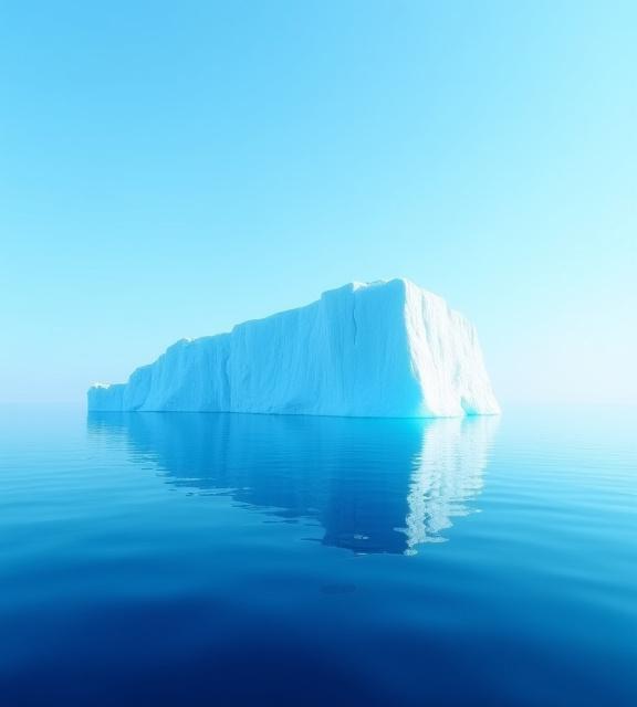 A massive, pristine iceberg floating in a calm, deep blue arctic sea, symbolizing a healthy environment.
